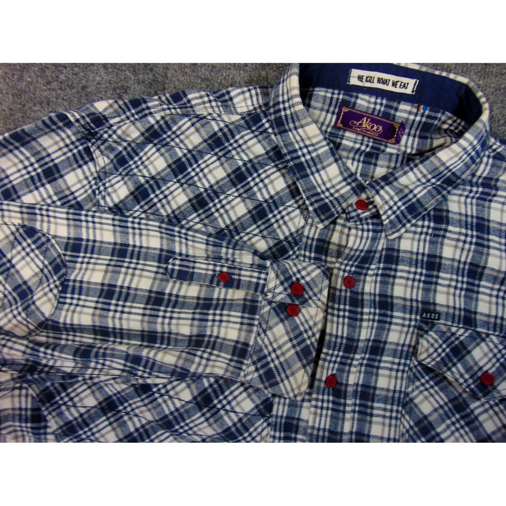 Akoo Shirt Mens 4XL Blue White Plaid Streetwear Baggy‎ Casual Flannel Urban